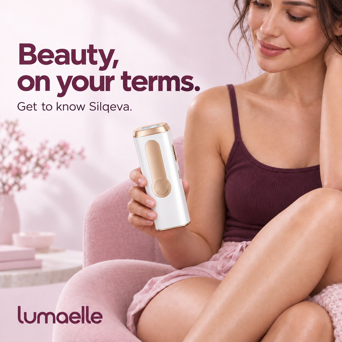 A woman in a pink armchair holding Porcelain Gold Silqeva. Text reads: Beauty, on your terms. Get to know Silqeva.