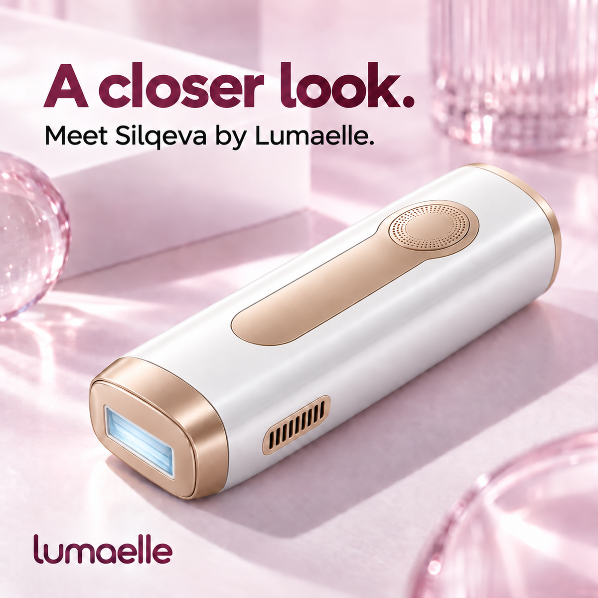 Porcelain Gold Silqeva lying on its side, showing the flash window, vent, and rose-gold trim. Text reads: A closer look. Meet Silqeva by Lumaelle.