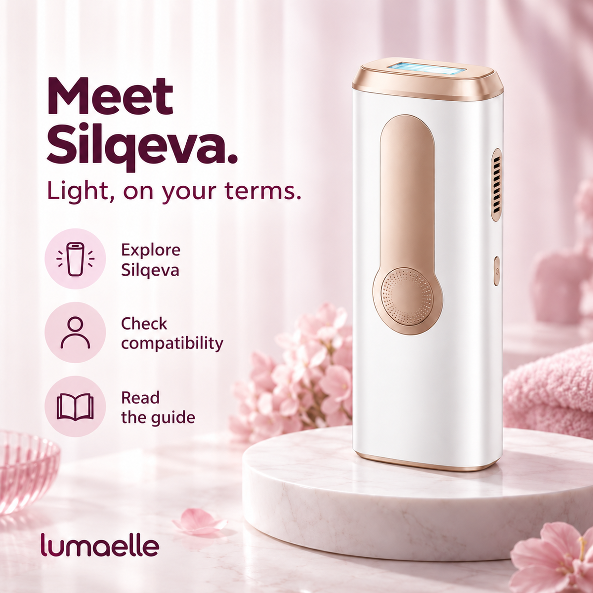 Porcelain Gold Silqeva upright on a marble pedestal among pink flowers. Text reads: Meet Silqeva. Light, on your terms. Explore Silqeva, check compatibility, read the guide.